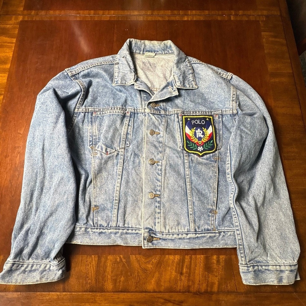 Vintage Polo Ralph Lauren Crest Patch Denim Jacket Made in Hong Kong
